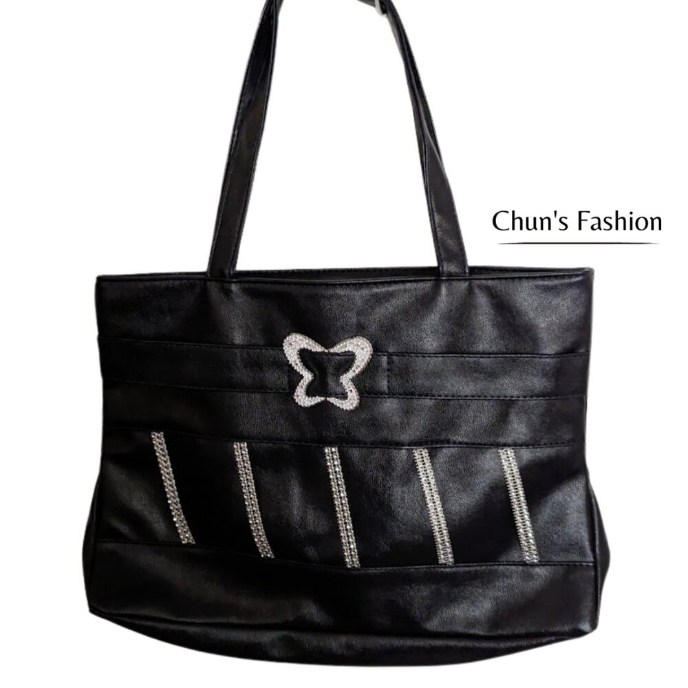 Women's Black Shoulder Faux Leather Bag w/ Silver Toned Embellishments SZ Medium